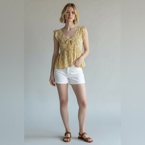 Kingston Grey Yellow Floral Babydoll Top Sleeveless Size S NWT